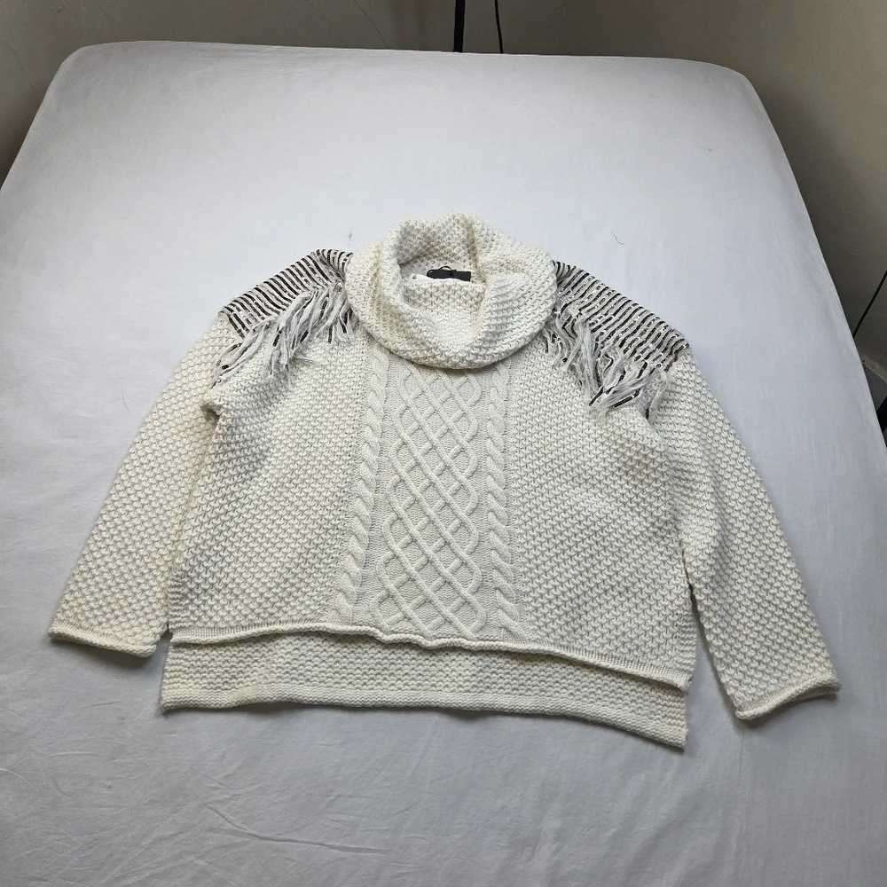 NWT Twinset‎ Milano Fringe Knit Sweater M Ivory Chunky Cable Knit Cowl Neck